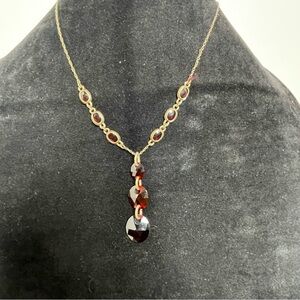Victorian Gold Tone and Dark Red Necklace and Earring Set